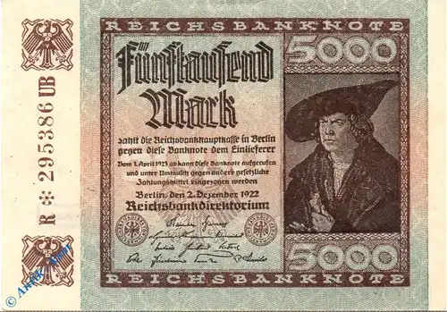 Reichsbanknote , 5.000 Schein , Wz Gitter mit 8 , DEU-91 d , Rosenberg 80 , P 81 , vom 02.12.1922 , Weimarer Republik