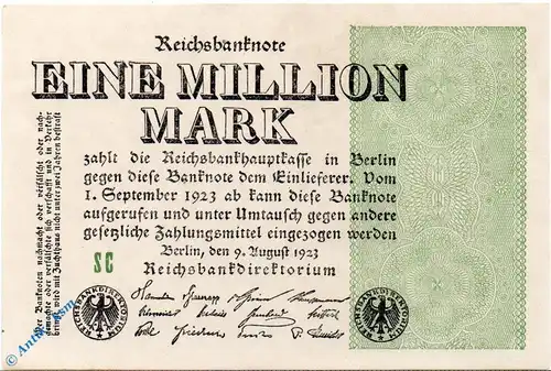 Reichsbanknote , 1 Million Mark Schein in kfr. Ringe , DEU-114 c , Ros. 101 , P 102 , vom 09.08.1923 , Weimarer Republik