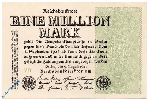 Reichsbanknote , 1 Million Mark , Wz Gitter mit 8 , DEU-114 a , Rosenberg 101 , P 102 , vom 09.08.1923 , Weimarer Republik