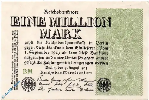 Reichsbanknote , 1 Million Mark , Wz Hakensterne , DEU-114 d , Rosenberg 101 , P 102 , vom 09.08.1923 , Weimarer Republik