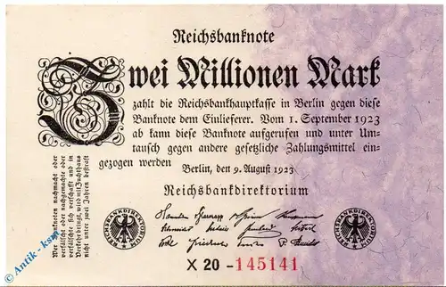 Reichsbanknote , 2 Million Mark , Eichenlaubstreifen , DEU-115 b , Rosenberg 102 , P 103 , vom 09.08.1923 , Weimarer Republik
