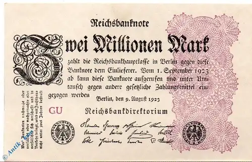 Reichsbanknote , 2 Millionen Mark , Wz Gitter mit 8 , DEU-116 a , Rosenberg 103 , P 104 , vom 09.08.1923 , Inflation