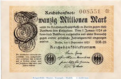 Reichsbanknote , 20 Millionen Mark in kfr. Hakensterne , DEU-121.h , Ros.107 , P.108 , vom 01.09.1923 , Inflation