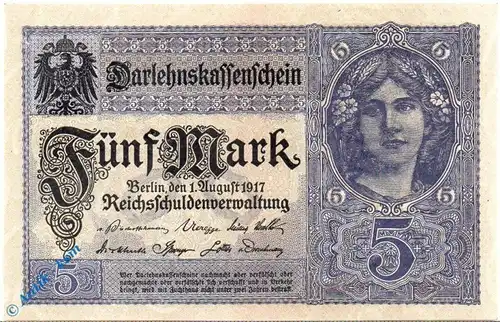 Reichsbanknote , 5 Mark , grauviolett , Kn 7 , DEU-61 a , Rosenberg 54 , P 56 , vom 01.08.1917 , Kaiserreich