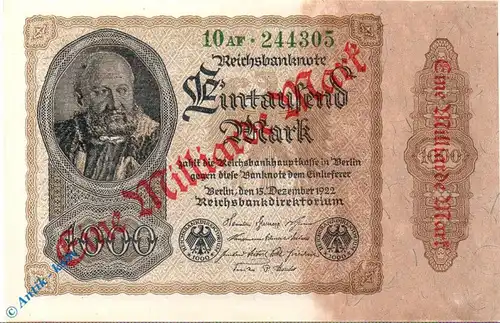 Reichsbanknote , Überdruck 1 Milliarde Mark , DEU-126 b , Rosenberg 110 , P 113 , vom 15.12.1922 , Weimarer Republik , Inflation