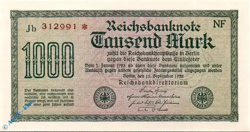 Reichsbanknote , 1.000 Mark Schein , Wz Mäander , DEU-84 f , Rosenberg 75 , P 76 , vom 15.09.1922 , Weimarer Republik