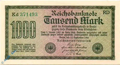 Reichsbanknote , 1.000 Mark Schein , Wz Gitter mit 8 , DEU-84 g , Rosenberg 75 , P 76 , vom 15.09.1922 , Weimarer Republik