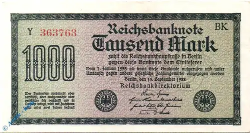 Reichsbanknote , 1.000 Mark Schein , Wz Mäander , DEU-84 d , Rosenberg 75 , P 76 , vom 15.09.1922 , Weimarer Republik