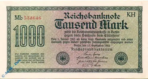 Reichsbanknote , 1.000 Mark Schein in kfr. Achterstreifen , DEU-84.j , Ros.75 , P.76 , vom 15.09.1922 , Weimarer Republik