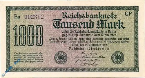 Reichsbanknote , 1.000 Mark Schein , Wz Kreuzblüte , DEU-84 c , Rosenberg 75 , P 76 , vom 15.09.1922 , Weimarer Republik