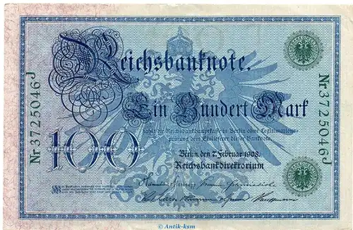 Reichsbanknote , 100 Mark Schein grün in f.kfr. DEU-67 , Rosenberg 34 , P 34 , vom 07.02.1908 , Nachkriegszeit und Inflation