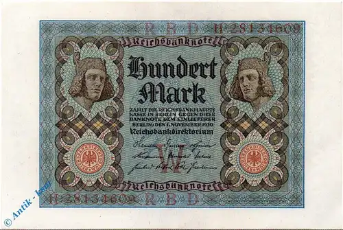 Reichsbanknote , 100 Mark Schein , Kn 8 , DEU-75 b , Rosenberg 67 , P 69 , vom 01.11.1920 , Nachkriegszeit und Inflation