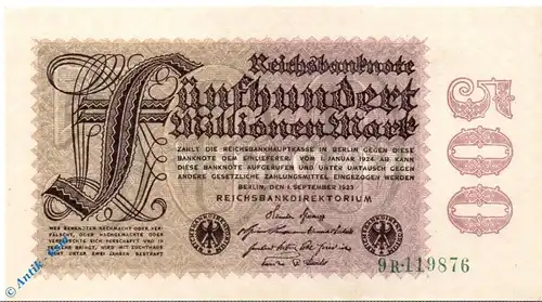 Reichsbanknote , 500 Millionen Mark , Wz Kreuzblüten in kfr. DEU-125 a , Rosenberg 109 , P 110 , vom 01.09.1923 , Nachkriegszeit und Inflation