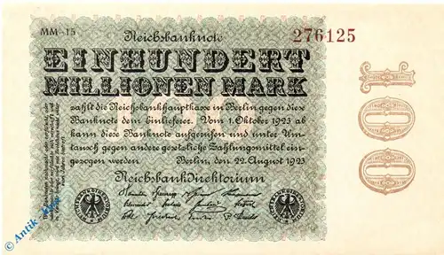 Reichsbanknote , 100 Millionen Mark , Wz Rauten , DEU-120 o , Rosenberg 106 , P 107 , vom 22.08.1923 , Nachkriegszeit und Inflation