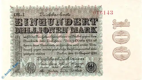 Reichsbanknote , 100 Millionen Mark , Wz Ringe , DEU-120 L , Rosenberg 106 , P 107 , vom 22.08.1923 , Nachkriegszeit und Inflation
