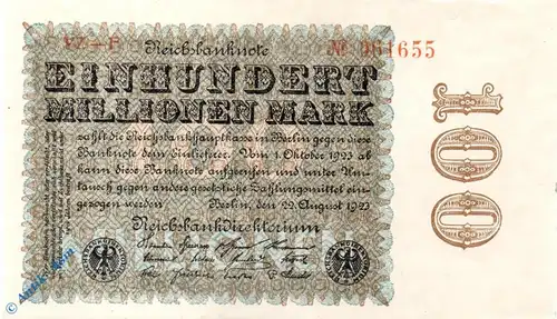 Reichsbanknote , 100 Millionen Mark , Wz Ringe , DEU-120 j , Rosenberg 106 , P 107 , vom 22.08.1923 , Nachkriegszeit und Inflation
