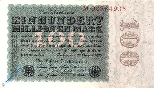 Reichsbanknote , 100 Millionen Mark in kfr. Reichsdruck , DEU-119 a , Rosenberg 106 , P 107 , vom 22.08.1923 , Nachkriegszeit und Inflation