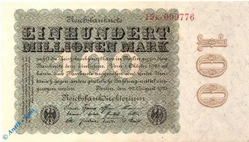 Reichsbanknote , 100 Millionen Mark , Firmendruck , DEU-119 b , Rosenberg 106 , P 107 , vom 22.08.1923 , Nachkriegszeit und Inflation