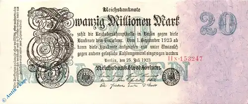 Reichsbanknote , 20 Millionen Mark Schein kfr , DEU-108 b , Rosenberg 96 , P 97 , vom 25.07.1923 , Nachkriegszeit und Inflation