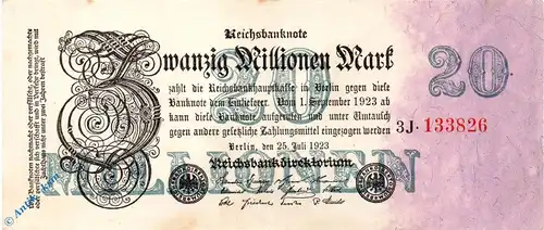 Reichsbanknote , 20 Millionen Mark Schein kfr , DEU-108 c , Rosenberg 96 , P 97 , vom 25.07.1923 , Nachkriegszeit und Inflation