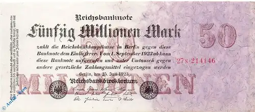 Reichsbanknote , 50.000.000 Mark Schein kfr , DEU-109 b , Rosenberg 97 , P 98 , vom 25.07.1923 , Nachkriegszeit und Inflation