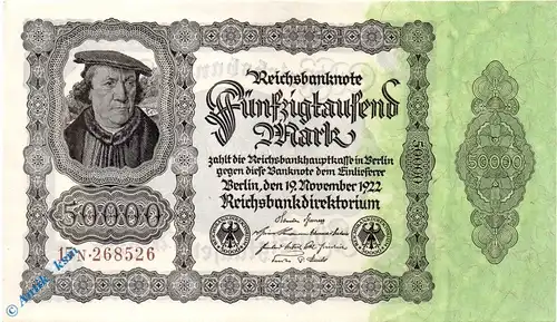 Reichsbanknote , 50.000 Mark Schein kfr , DEU-90 d , Rosenberg 79 , P 79 , vom 19.11.1922 , Nachkriegszeit und Inflation