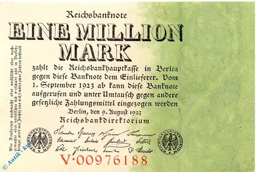 Reichsbanknote , 1 Million Mark Schein kfr , DEU-113 , Ros. 100 , Pick.101 , vom 09.08.1923 , Nachkriegszeit und Inflation