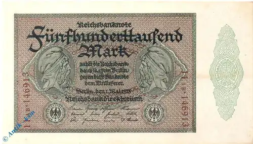 Reichsbanknote , 500.000 Mark Schein kfr , DEU-99 e , Rosenberg 87 , P 88 , vom 01.05.1923 , Nachkriegszeit und Inflation