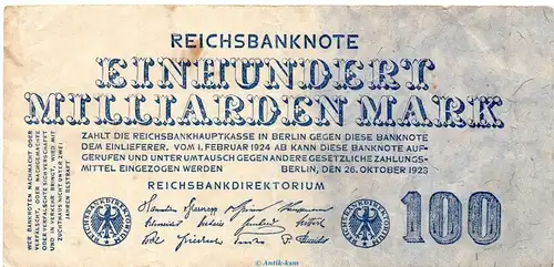 Reichsbanknote , 100 Milliarden Mark Schein in gbr. DEU-150, Ros.123, P.126 , vom 26.10.1923 , Weimarer Republik - Inflation