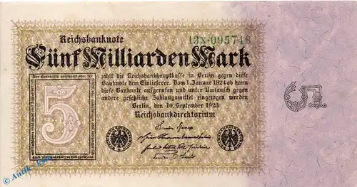 Reichsbanknote , 5 Milliarden Mark Schein in kfr. DEU-132 b , Rosenberg 112 , P 115 , vom 10.09.1923 , Nachkriegszeit und Inflation