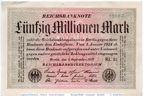 Reichsbanknote , 50 Millionen Mark Schein in gbr. KN = 5 stellig , DEU-123.g , Ros.108 , P.109 , 01.09.1923 , Inflation