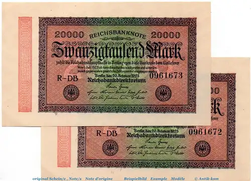 Reichsbanknote , 2 x 20.000 Mark Schein Kn-7 fortlaufend in kfr. DEU-95.j , Ros.83 , P 84 , 20.02.1923 , Nachkriegszeit und Inflation