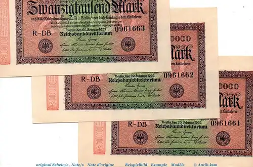 Reichsbanknote , 3 x 20.000 Mark Schein Kn-7 fortlaufend in kfr. DEU-95.j , Ros.83 , P 84 , 20.02.1923 , Nachkriegszeit und Inflation