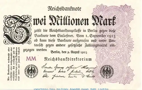 Reichsbanknote , 2 Millionen Mark , Wz Wellen , DEU-116.b , Rosenberg 103 , P 104 , vom 09.08.1923 , Inflation