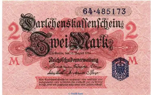 Darlehnskassenschein , 2 Mark blau in kfr. DEU-188, Ros.52.d, P.55 , vom 12.08.1914 , Kaiserreich