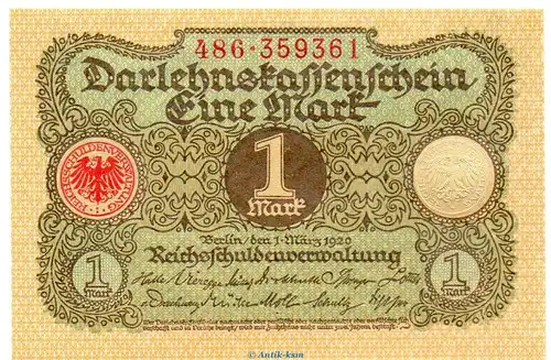 Darlehnskassenschein , 1 Mark Schein in kfr. DEU-189, Ros.64, P.58 , vom 1.3.1920 , Weimarer Republik