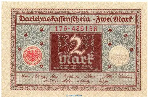 Darlehnskassenschein , 2 Mark Schein in kfr. DEU-190, Ros.65.a, P.59 , vom 1.3.1920 , Weimarer Republik