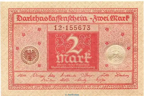 Darlehnskassenschein , 2 Mark rot in kfr. DEU-191, Ros.65.b, P.60 , vom 1.3.1920 , Weimarer Republik