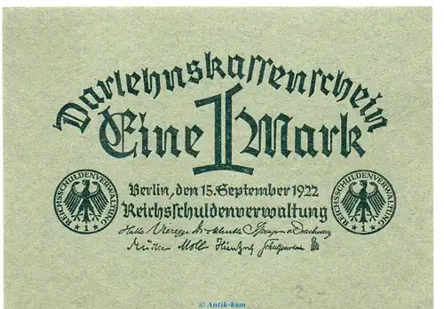 Darlehnskassenschein , 1 Mark Schein in kfr. DEU-192, Ros.73.a, P.61 , vom 15.9.1922 , Weimarer Republik