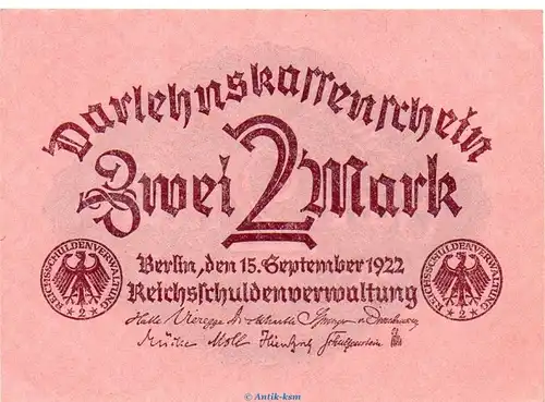 Darlehnskassenschein , 2 Mark Schein in kfr. DEU-196, Ros.74, P.62 , vom 15.9.1922 , Weimarer Republik