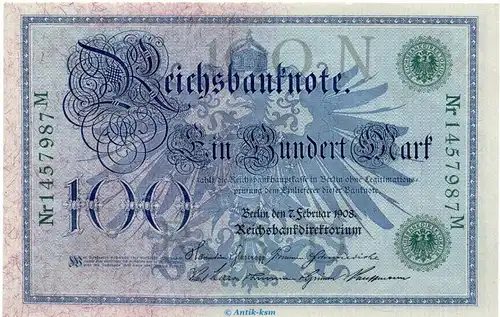 Reichsbanknote , 100 Mark Schein grüne Siegel , DEU-67, Ros.34, P.34, vom 07.02.1908 , Kaiserreich