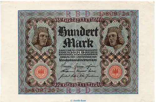 Reichsbanknote , 100 Mark Schein 7-stellig , DEU-75.a, Ros.67, P.69, vom 01.11.1920 , Nachkriegszeit und Inflation