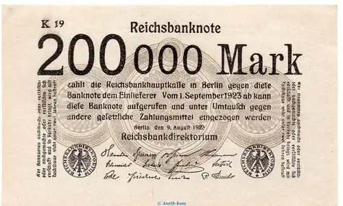 Reichsbanknote , 200.000 Mark Schein in kfr. DEU-111.a , Ros.99, P.100, vom 09.08.1923 , Weimarer Republik