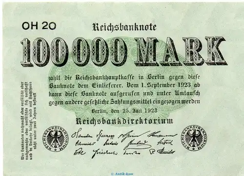 Reichsbanknote , 100.000 Mark Schein in kfr. DEU-102.b , Ros.90, P.91, vom 25.07.1923 , Weimarer Republik