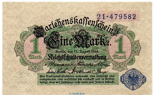 Darlehnskassenschein , 1 Mark Schein in kfr. DEU-187, Ros.51.d, P.52 , vom 12.08.1914 , Weimarer Republik