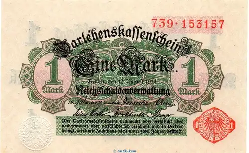 Darlehnskassenschein , 1 Mark 1.Ausgabe in kfr. DEU-57, Ros.51.a-b, P.50 , vom 12.08.1914 , Kaiserreich