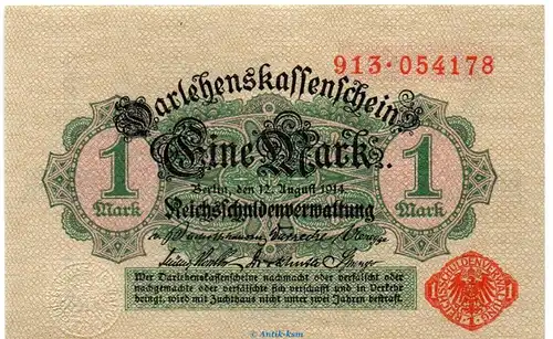 Darlehnskassenschein , 1 Mark 2.Ausgabe in kfr. DEU-58, Ros.51.c, P.51 , vom 12.08.1914 , Kaiserreich