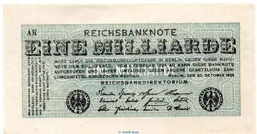 Reichsbanknote , 1 Milliarde Mark Schein in kfr. DEU-144.a, Ros.119, P.122 vom 20.10.1923 , Inflation