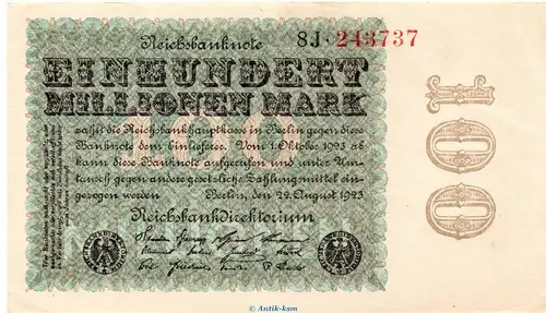 Reichsbanknote , 100 Millionen Mark -Kreuzblüte- in kfr. DEU-120.e, Ros.106, P.107 vom 22.08.1923 , Inflation