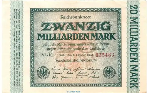 Reichsbanknote , 20 Milliarden Mark Schein in kfr. DEU-137.g, Ros.115, P.118 , vom 01.10.1923 , Inflation
